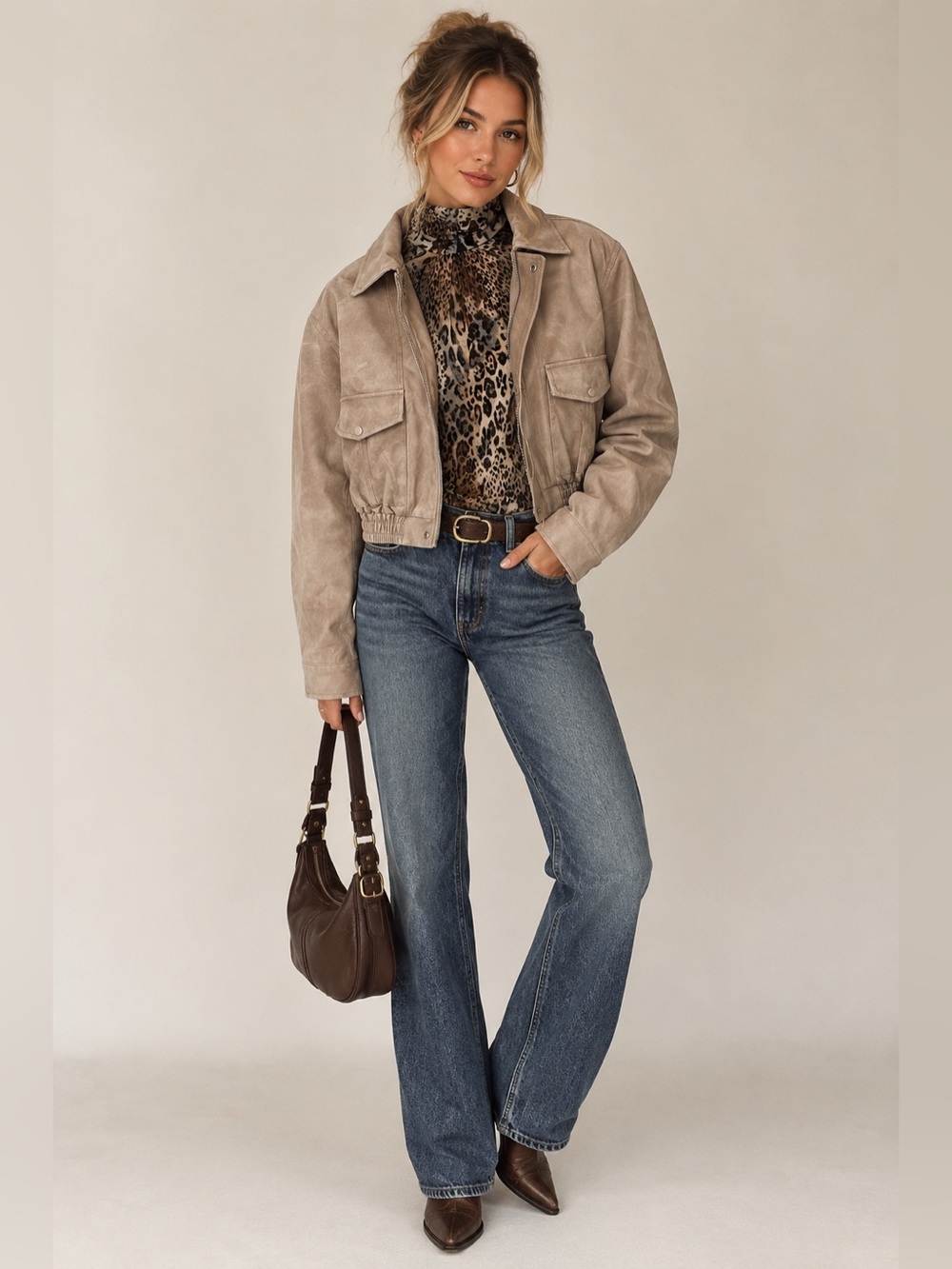 Venti6 Beige Faux Leather Bomber Jacket Large
